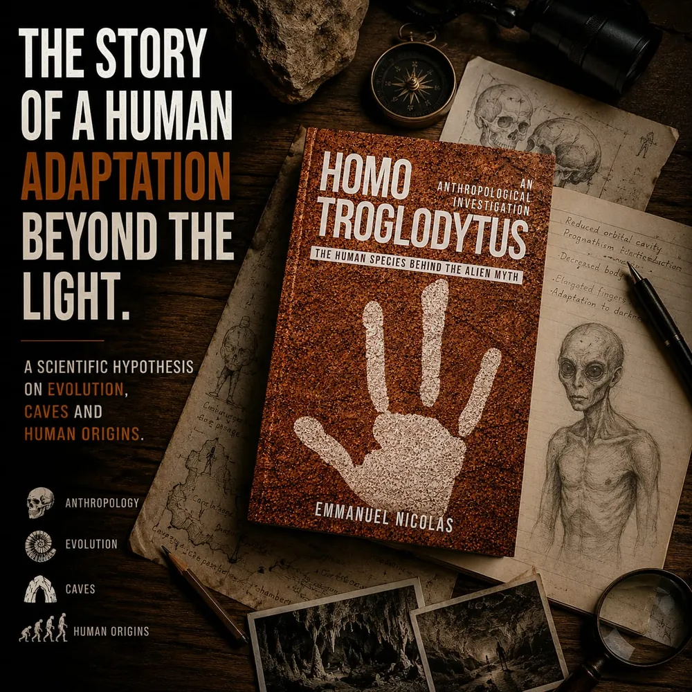The story of a human adaptation beyond the light. The book on a desk with anthropology sketches